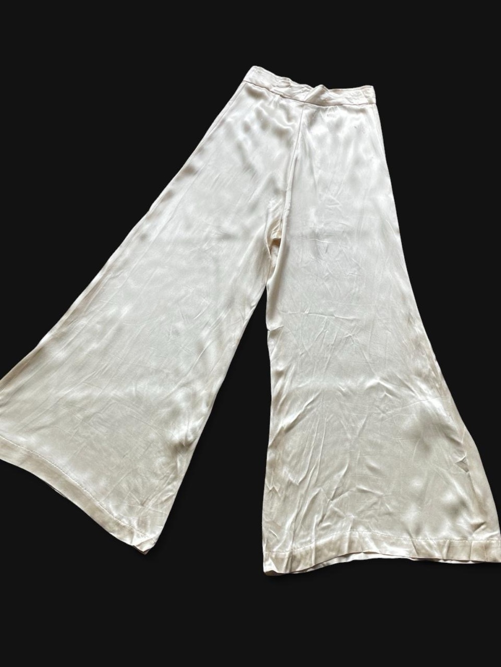 Vintage 70s Wide Leg Satin Trousers in Ivory - Picture 3 of 8